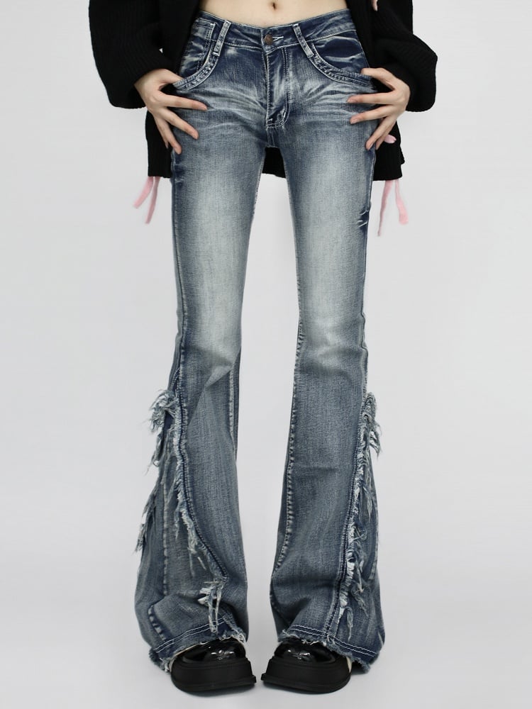 Cuffs- Slim Fit Raw Vintage Blue/Black Low Waist Flared and Jeans with Frayed