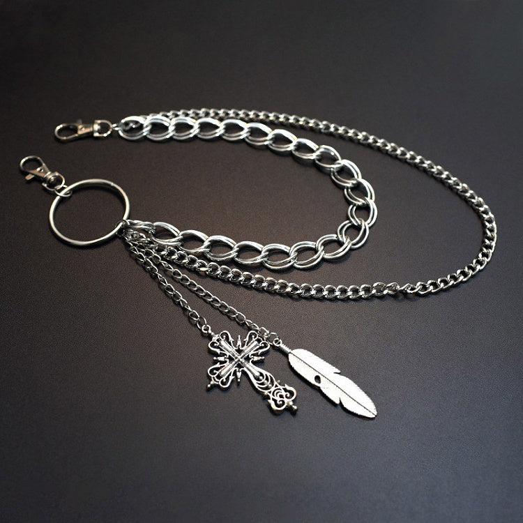 Cyberpunk Gothic Silver Cross Charm Waist Chain+Black Waist Belt
