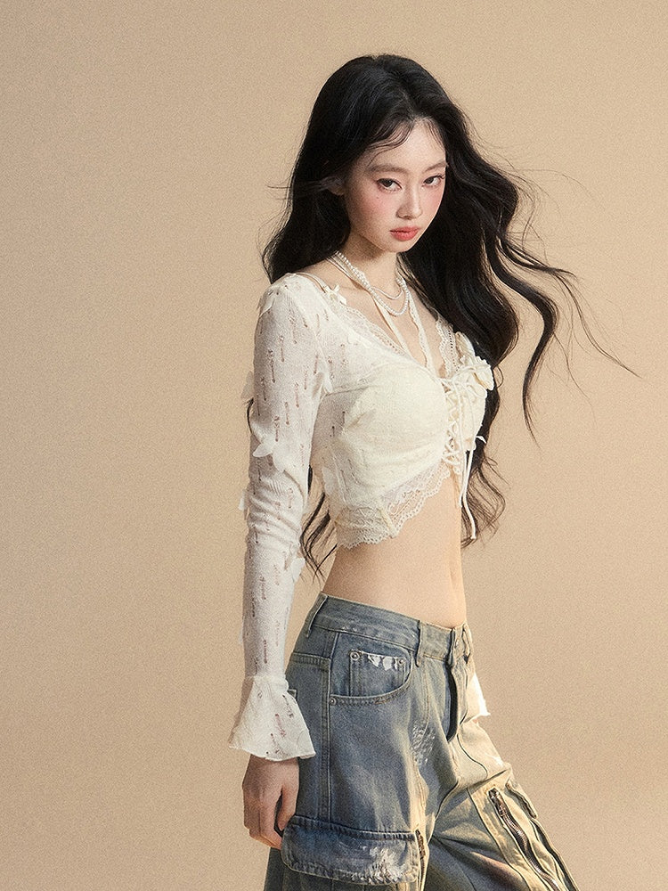 and Floral Embellished Lace Apricot Bell Sleeves Butterfly Set Cropped Top Glamorous Top With