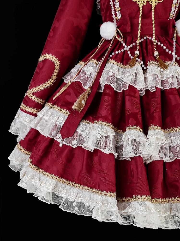 Red New Year Lolita Bows and Bead Chain Waist Tiered Hem Jumper Skirt