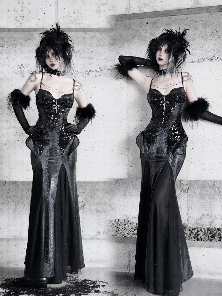 Black Victorian Bustier Bodice Spaghetti Straps Dress Evening Gown Mermaid Dress