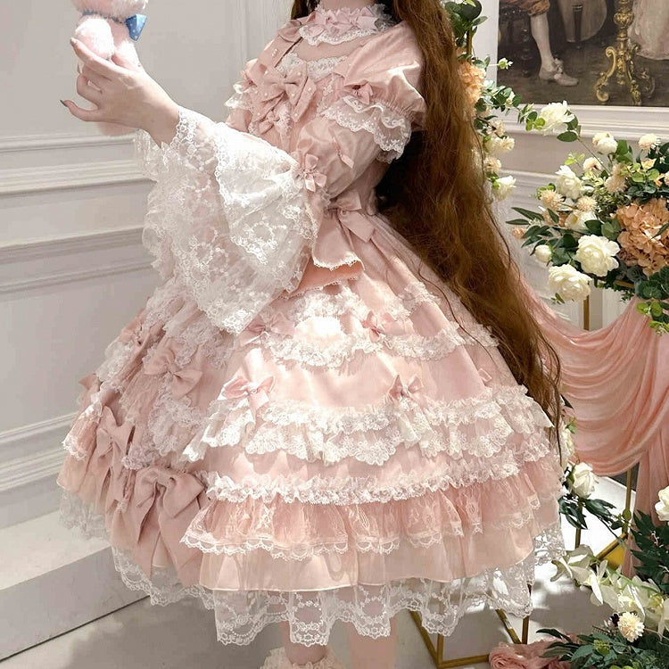 Dress Sweet Lolita Pink Accents High Detachable with Sleeves Bow Waist Princess