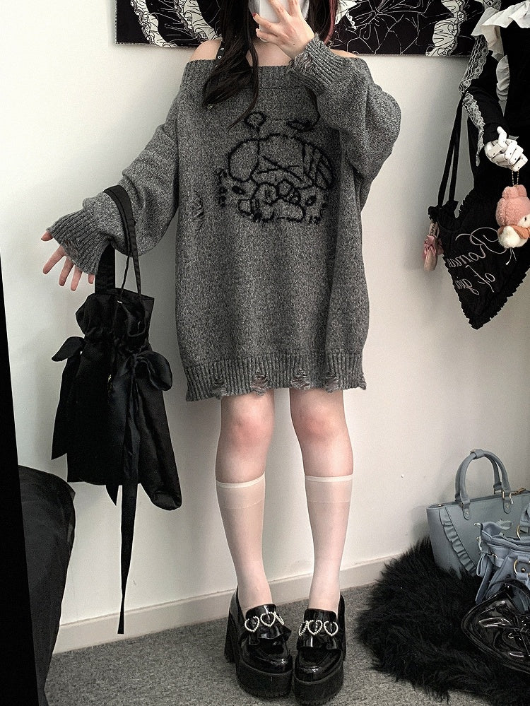 Jirai Kei – Grauer Pullover mit Engelswelpen-Grafik und abgenutzten Löchern in Landmine-Optik