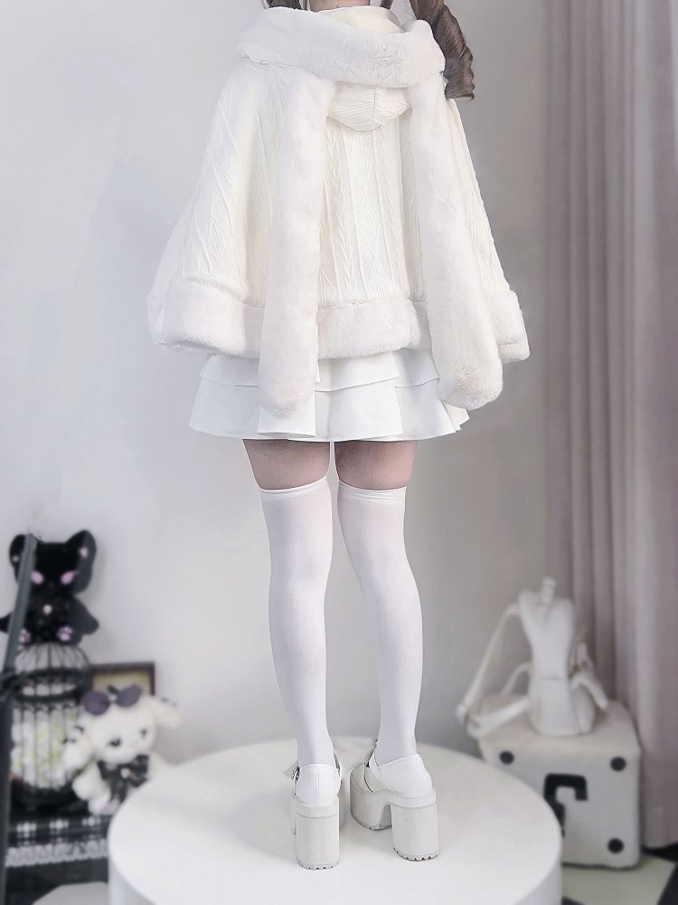 Hood Plush Cape Design Jirai Kei Beige Bunny Ears Bowknots Detachable