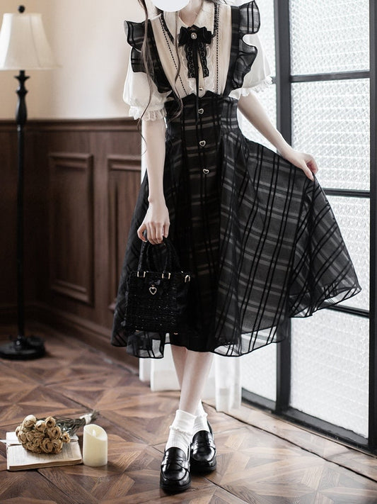 Basque with Jirai Overall Dress in Kei Black Plaid Long Waist Inverted Flutter Sleeves Version