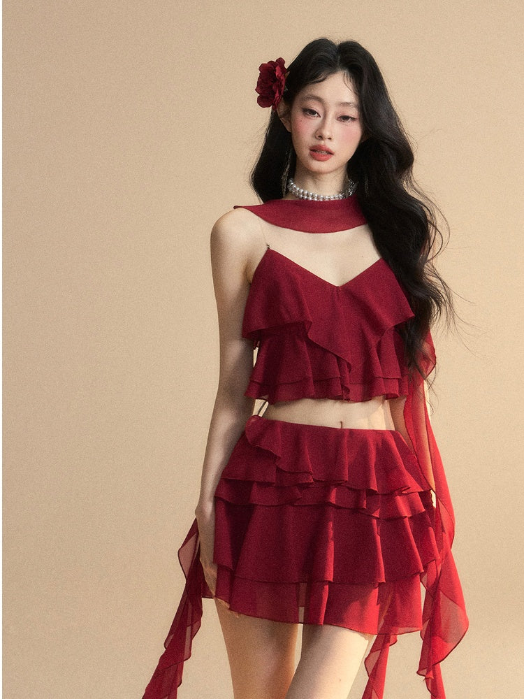 Asymmetrical Ruffled Hem Slim-fitting Mini Tiered Skirt Red Chiffon