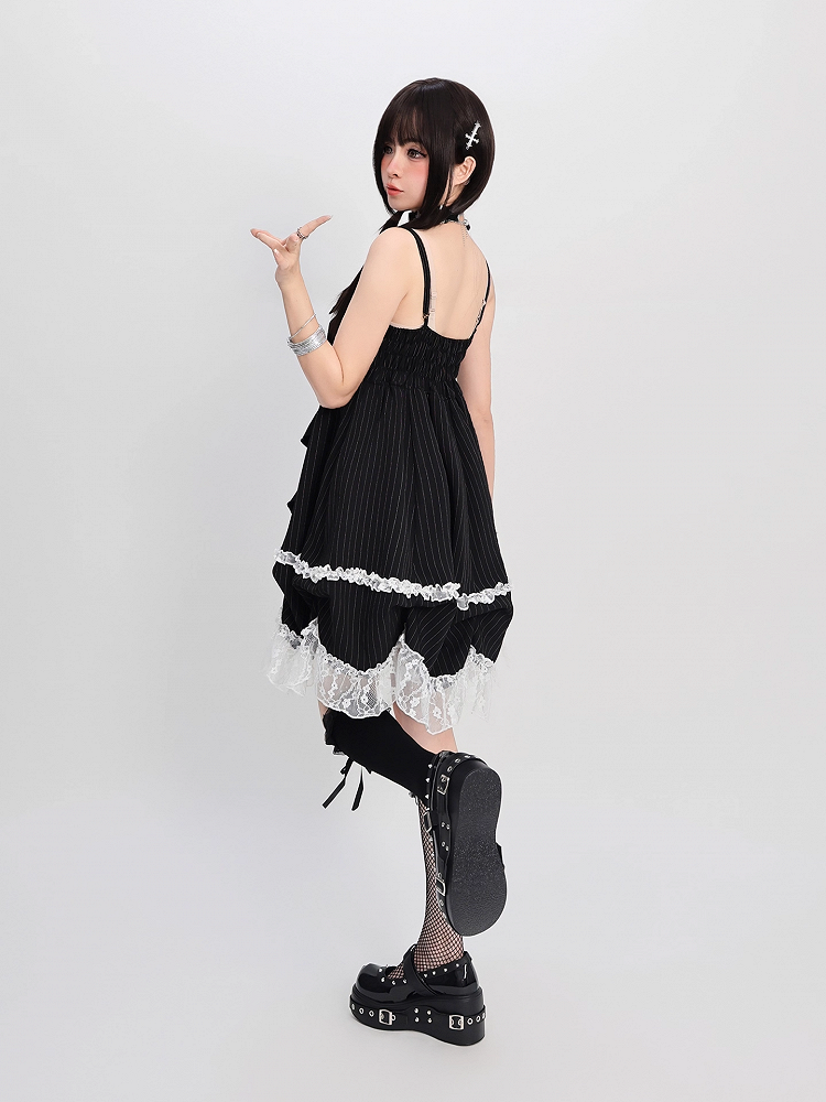 Skirt Cami Dress Big Bow Neckline Black with Striped Waist Detachable Chain Bubble
