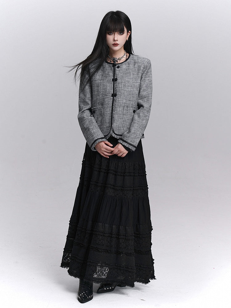 Strukturierte Trim Grau Raw PU Fall Kanten Schwarz Crop Jacke mit