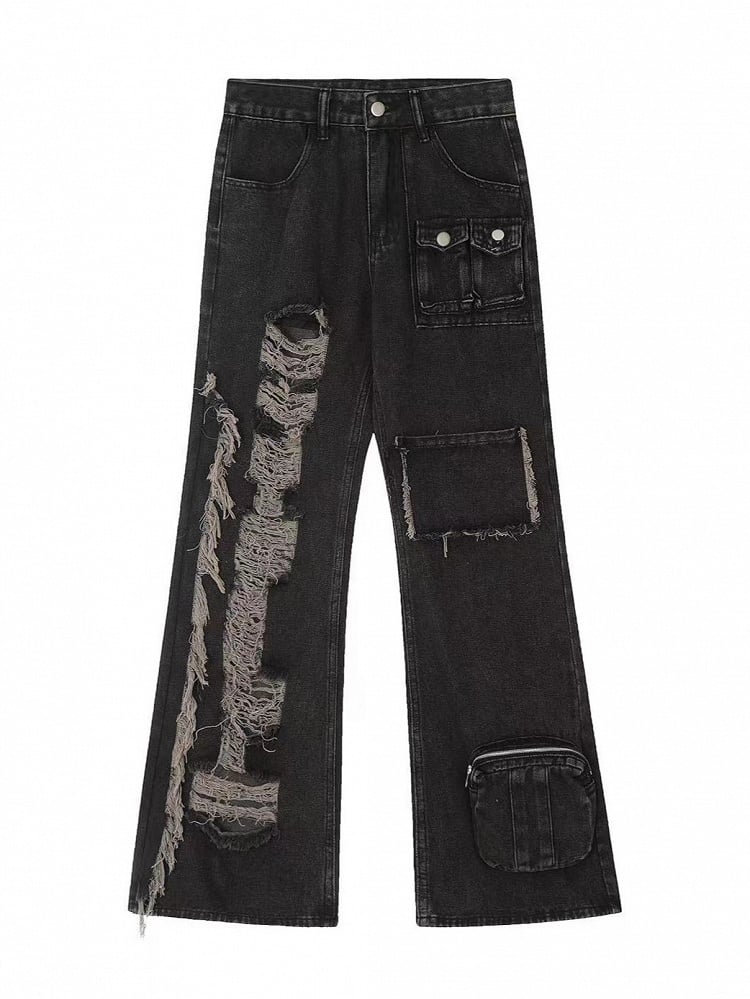 Black Faded Wash Distressed Multi-Pockets Jeans with Raw Hem