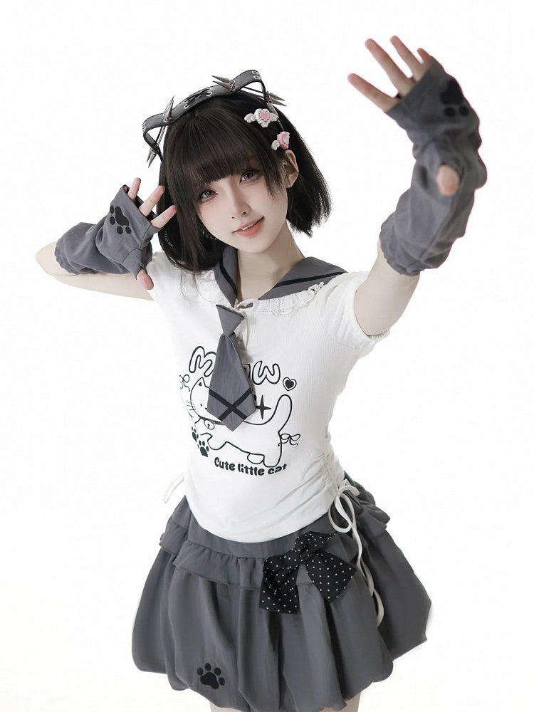 Side Armwear Free Ears with T-shirt Kitty Design Sailor Collar White Drawstring