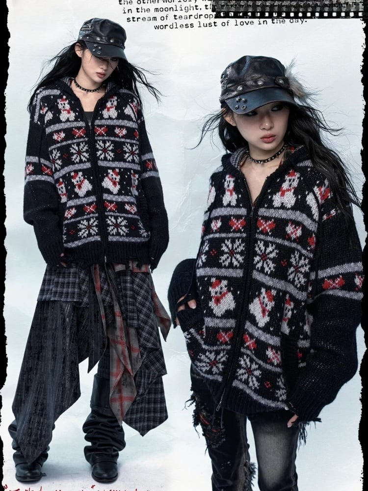 Schwarzbrauner Mohair-Kapuzenpullover