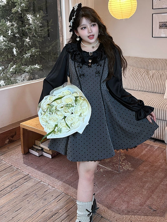 Robe grise grande taille à pois et taille haute avec nœuds