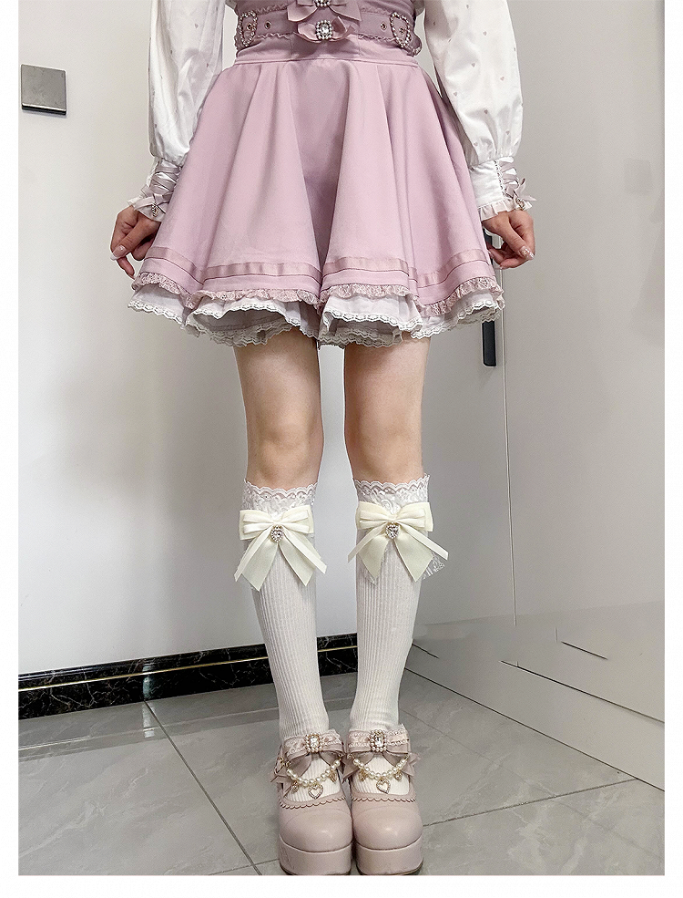 Herz Strass Jirai Kei Unter Knie Strümpfe Vorne Apricot Schleife Detail