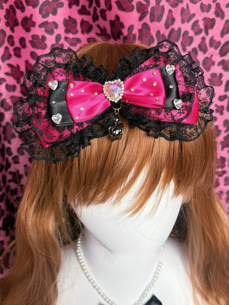 Beaded Haiclip Necklace Bowknot + Ring Lace Pendant Decorated Heart Trim BlackPink Rhinestone