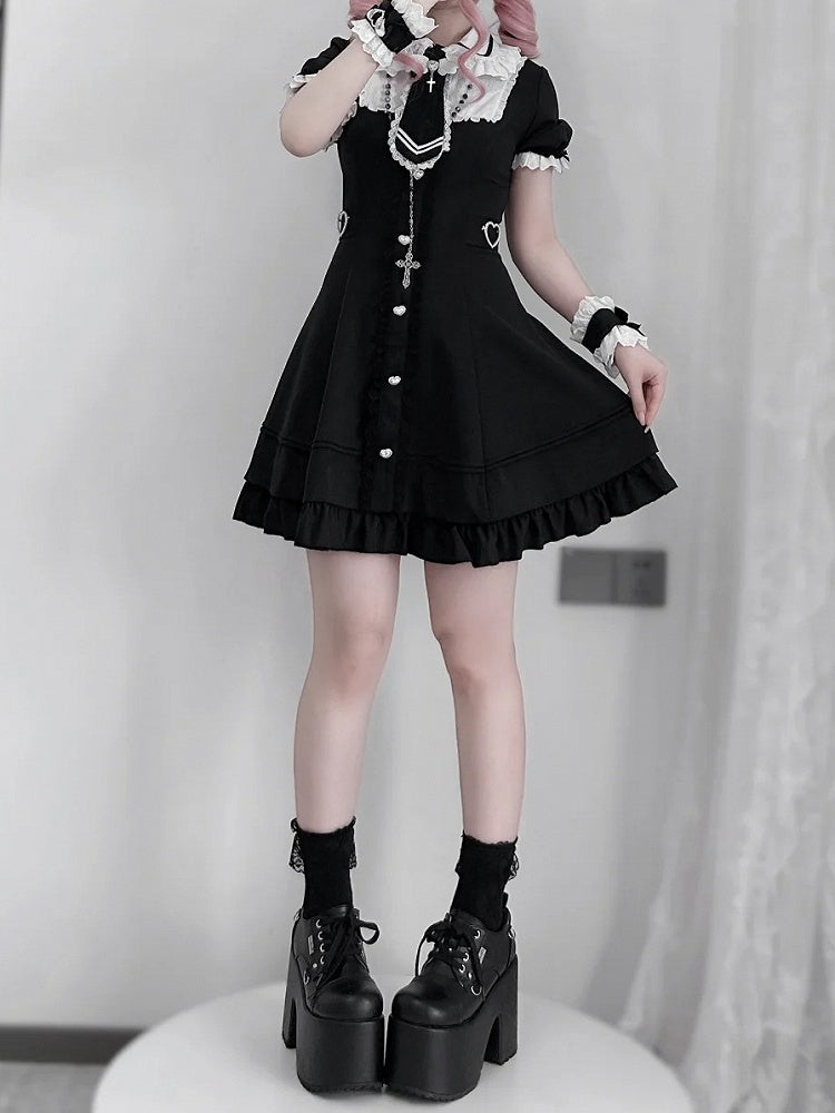 Tie Jirai Kei Set- Wrist + Black Available Lace Trim Dress + Cuffs Size Plus Shorts