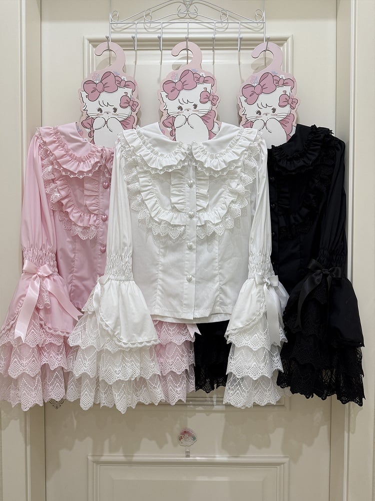 / Ears Collar Black Sleeves White Pink Bunny Long Shirt
