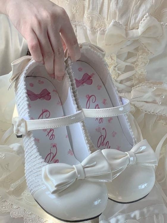 Weiße Lolita Mary Janes mit Schleife und runder Spitze, 3,5 cm Blockabsatz