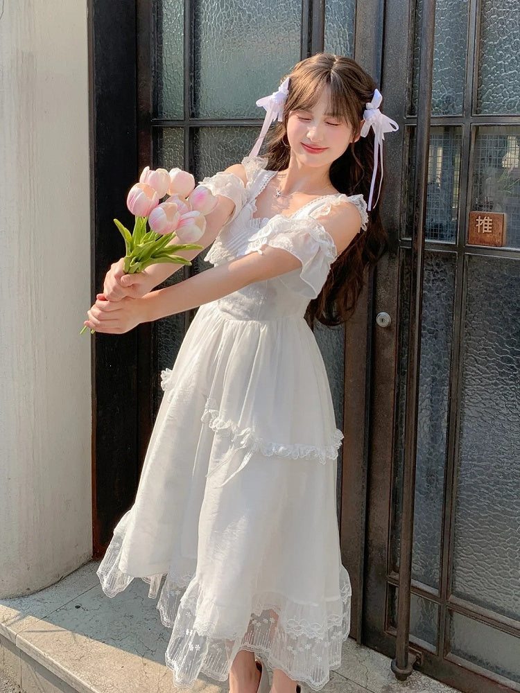 Mesh Overlay Detail with Sweet Dress White Flutter Sleeves Butterfly Neckline
