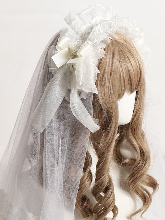Yellow/White Lolita Sheer Bow Veil Ruffled Light Accent and KC with Tulle