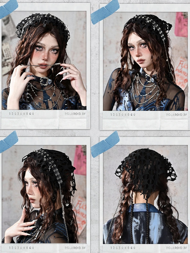 Grunge Punk Rock Schwarze Nieten Mesh Dreieckstuch KC Kreuz Charms Kettendetail