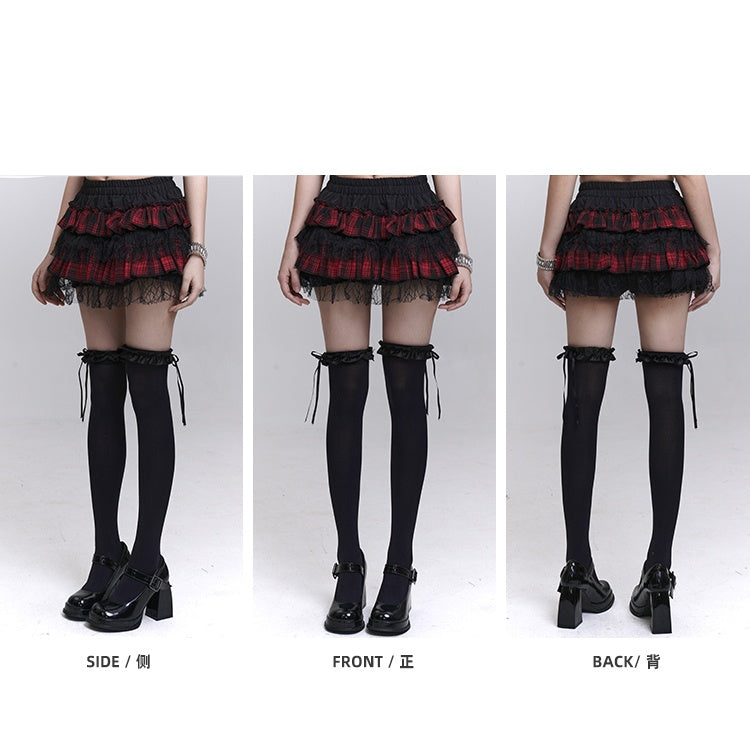 Trim Lining Red and Black Plaid Elastic Waist Lace Mini Tiered Skirt Bloomers