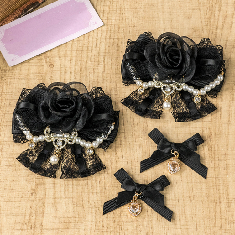 Jirai Kei Pink/Apricot/Black Lace Rose Beaded Chain Lolita Hairclip