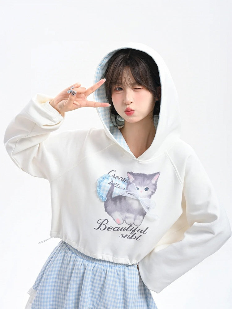 Drucken Kordelzug Saum Blau Hoodie Plaid Entzückende Cartoon Kitty Haube Weiß