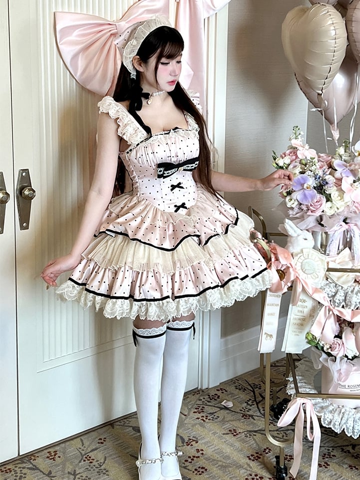 Dots Skirt Dress Black Polka Basque Sweet Tiered Waist Pink