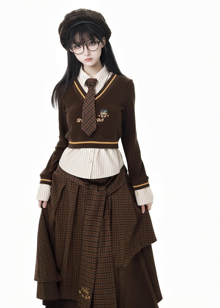 Coffee&White Fake Two-pieces Striped Sweat Shirt with Coffee Plaid Tie