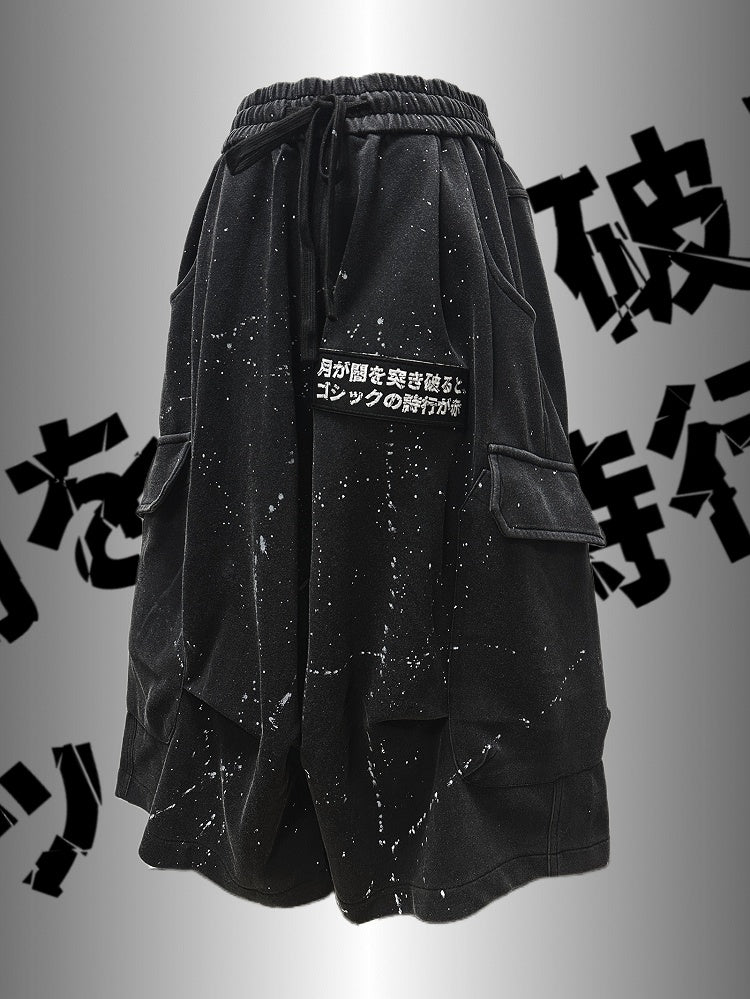 Design Pants Black Asymmetrical Cargo Punk Wasteland Print Wide-Leg