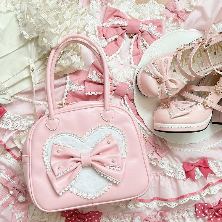 Perlenverzierte Schleife Plüschhandtasche Rosa Süßes Lolita-Herz