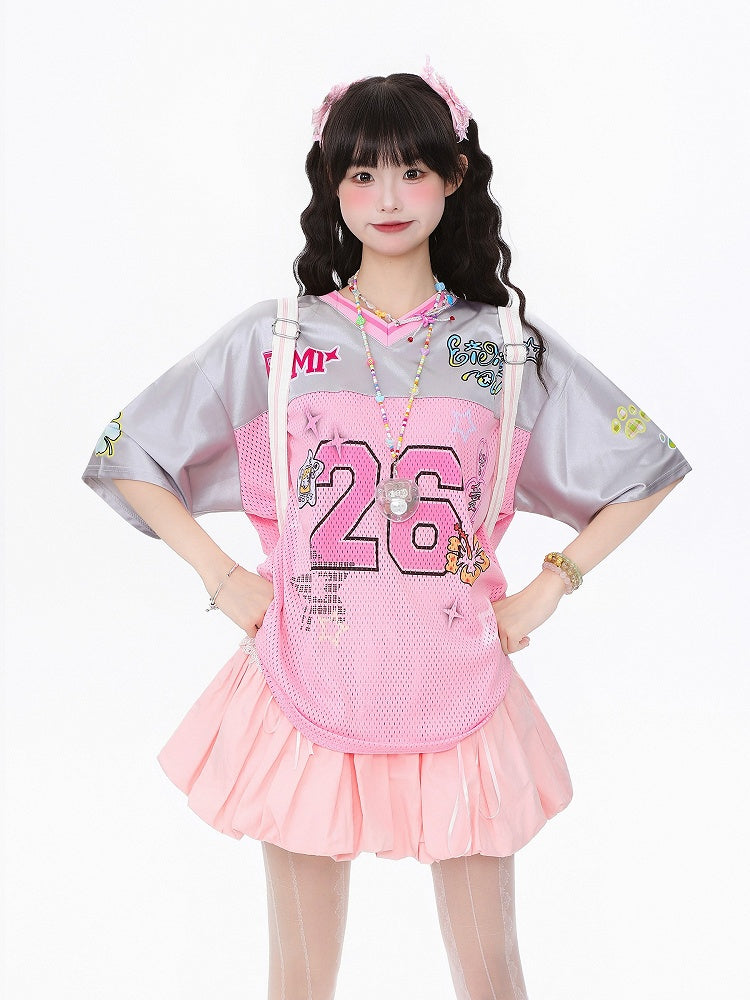 Breathable Satin Jersey T-Shirt with Contrast Collar and Number Print Pink/Green