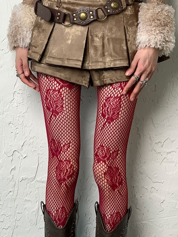 Punk Schwarz Rot Y2K Rosenmuster Hohlstrumpfhose