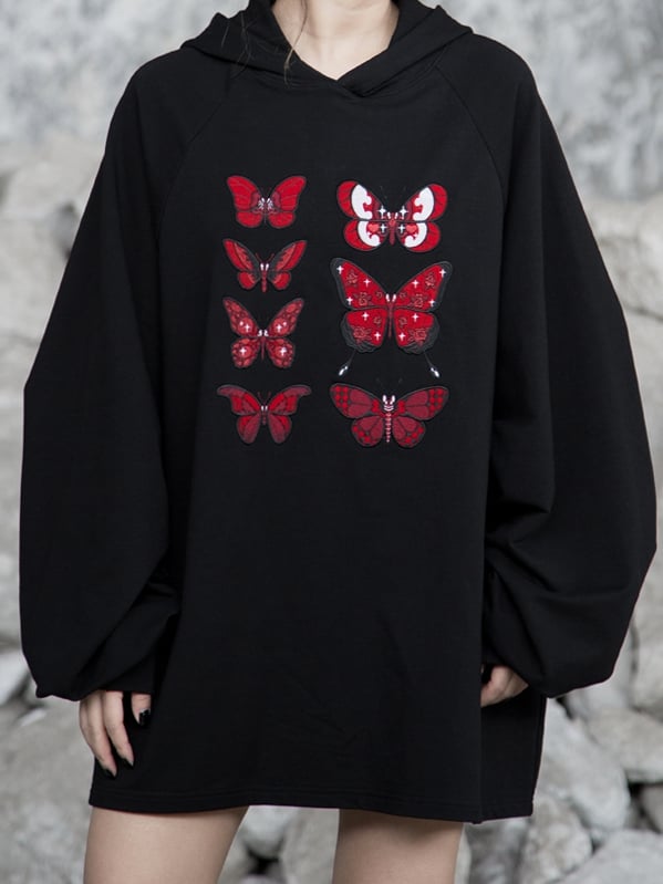 Flock Butterfly Dark Stickerei mit Loose Delicate Romance Gothic Red Hoodie Schwarz