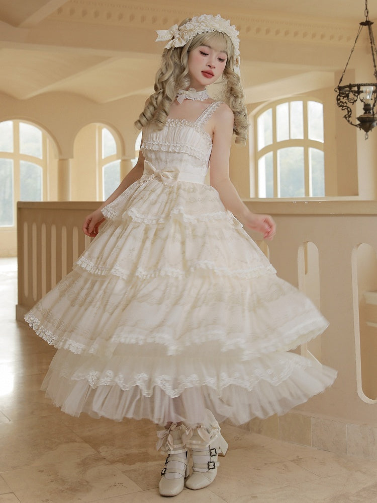 Cream Tiered Print Skirt Jumper Beads Lolita Neckline