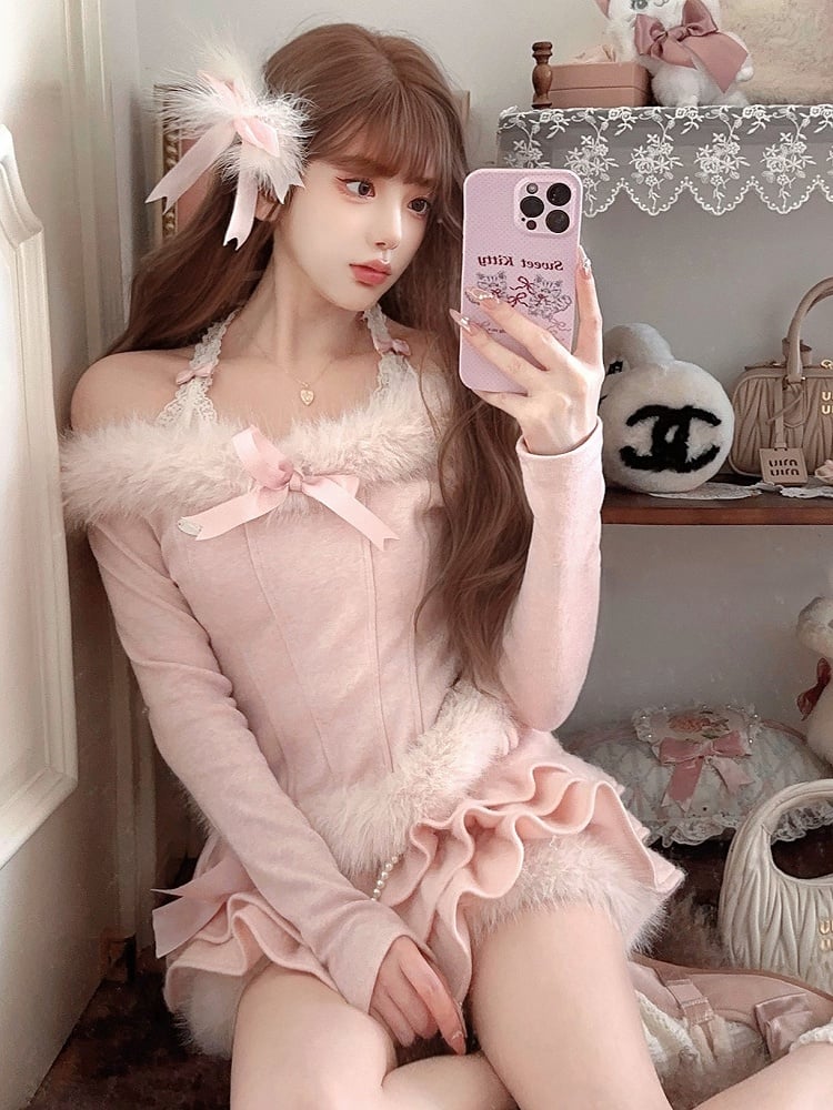 Off-Shoulder Knit Top With Faux Fur Charming Bow Accent Pink