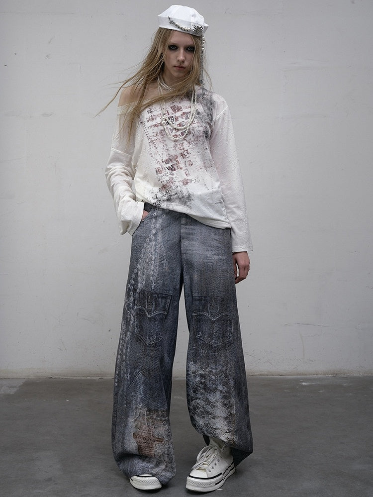 Print Lace Jeans Cut Wide-leg Blue Chain Punk Wasteland Details