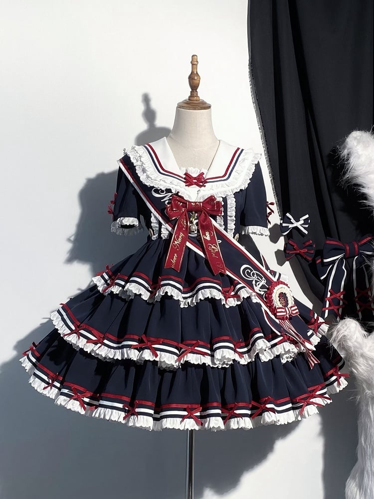 Sailor Set Lolita Navy Summer Dress Skirt Full OP Navycore Tiered Blue