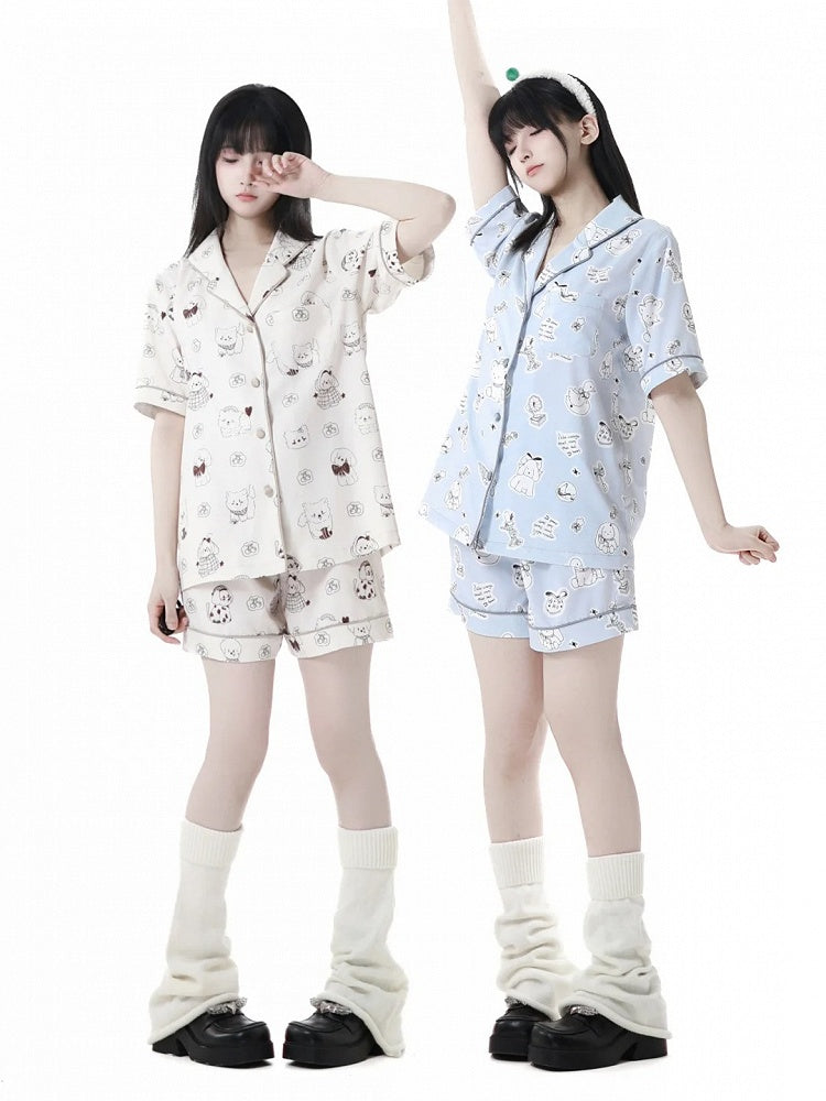 Puppy Print Pajamas Set Blue/Creamy Allover Cute Yellow Light