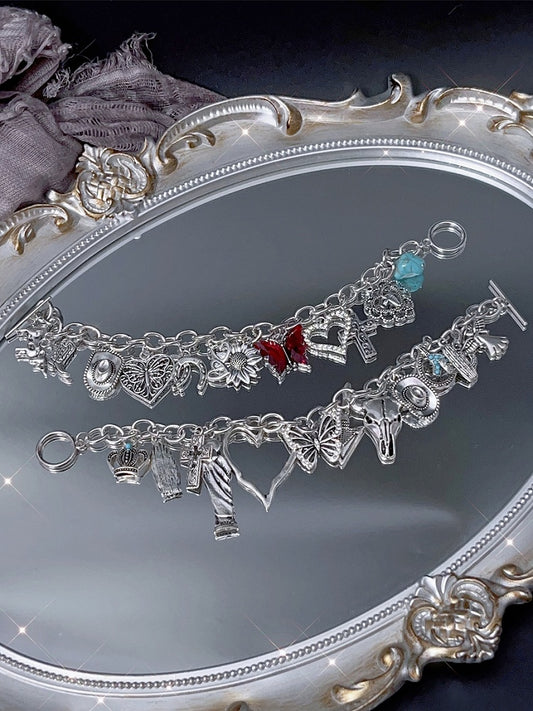 Bracelet Y2K Silver/Red And Butterfly Cross Heart Charm