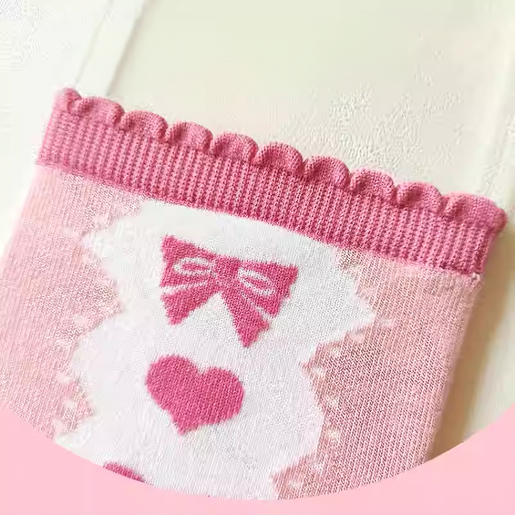 Pink Bow and Heart Pattern Ruffled Cuff Ankle Socks