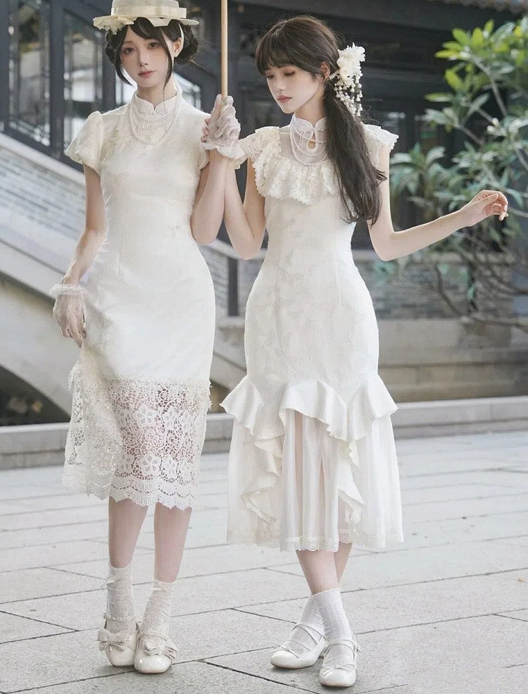 フリルマーメイドバタフライジャカードトリムドレスチーチーパオロリータカスケーディングカラー