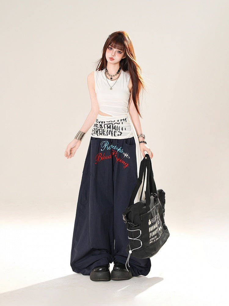 Navy Blue Drawstring Waist Letter Embroidery Wide-leg Casual Pants