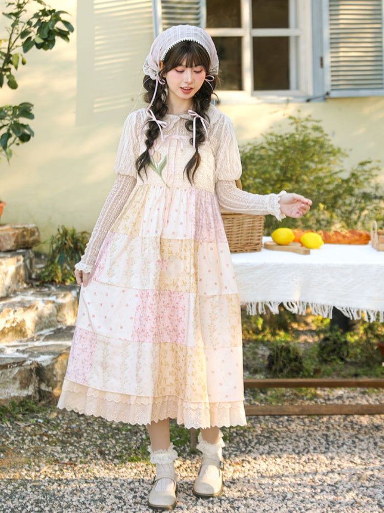 Mori Kei Beige & Pink Tulip Floral Patchwork Summer Dress
