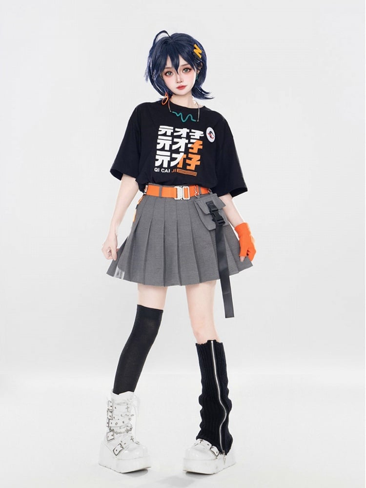 Sleeve Top Skirt Black Short Set: Belt + Full