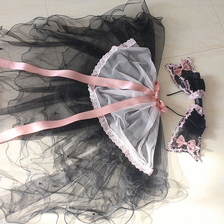 Nœud papillon noir et rose en dentelle KC avec voile
