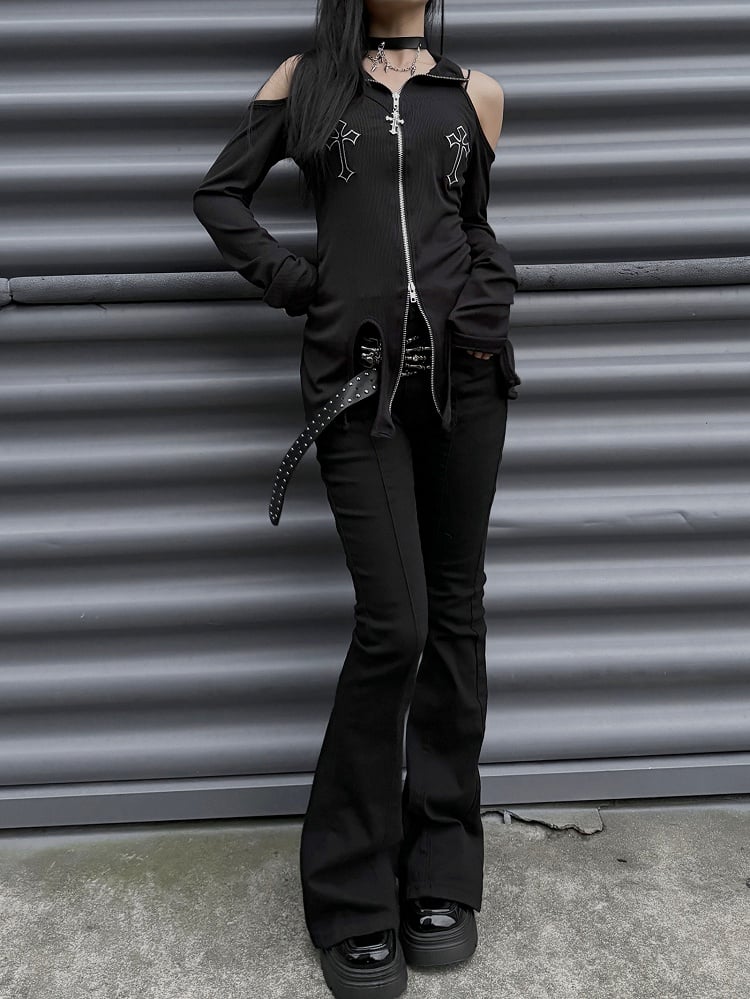 Punk-schwarze Slim-Fit-Hose mit Fischschwanz und hoher Taille mit Gürtel mit Skeletthand-Schnalle