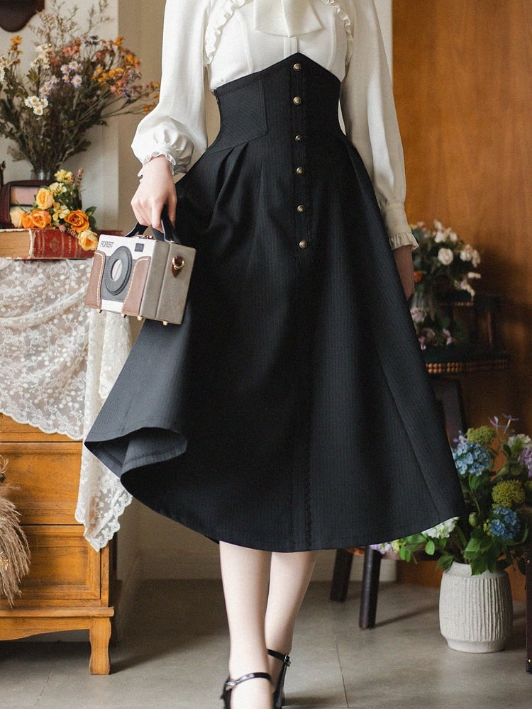 ブラックのエレガントなヴィンテージボーン入りハイウエストミディ丈ストライプ生地ロリータスカート