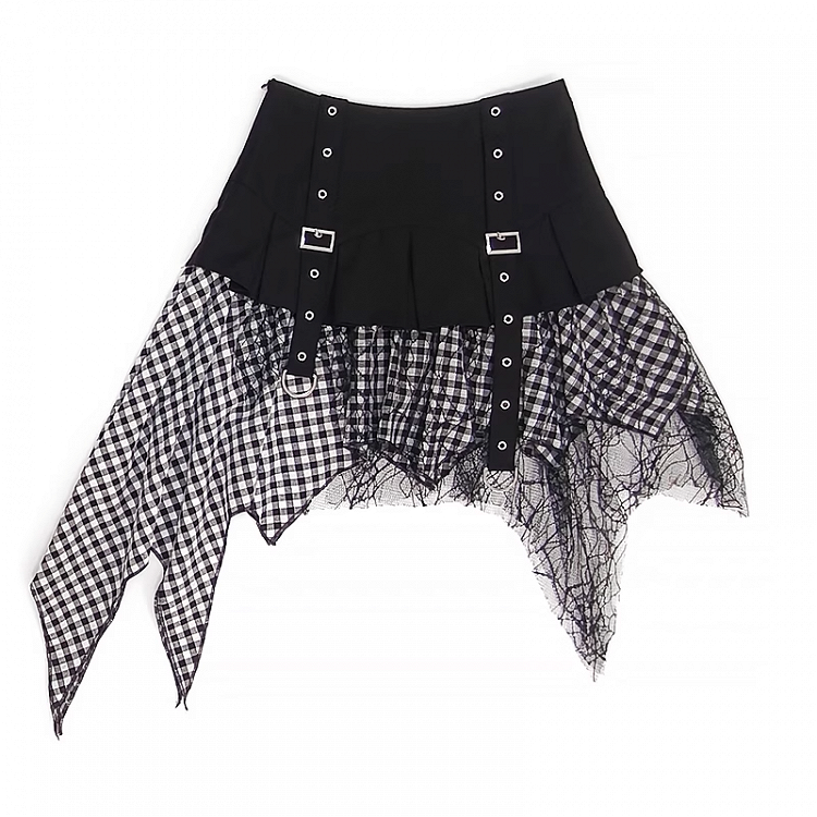 Handkerchief Hem Mesh Patchwork Y2K Black Blue/ White Plaid Skirt Black