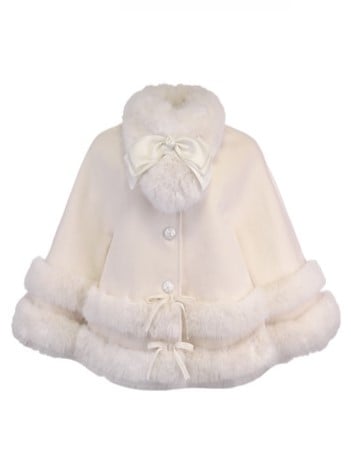 Faux Fleece Cloak White With Fur-Trimmed Bow Accents Creamy